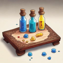 A wooden table with three small ornate vials filled with powder in a fantasy cartoon style