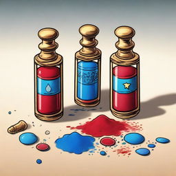 A wooden table with three small ornate vials filled with powder in a fantasy cartoon style