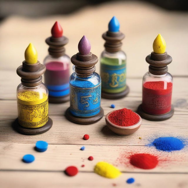 A wooden table with three small ornate vials filled with powder in a fantasy cartoon style