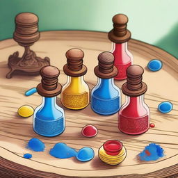 A wooden table with three small ornate vials filled with powder in a fantasy cartoon style