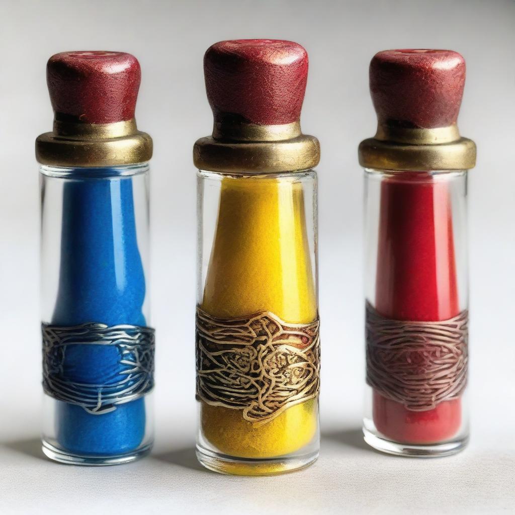 Three small ornate vials filled halfway with powder in a fantasy DnD style