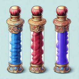 Three small ornate vials filled halfway with powder in a fantasy DnD style