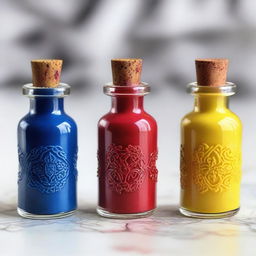 Three small ornate vials filled halfway with powder in a fantasy DnD style