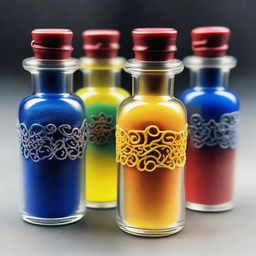 Three small ornate vials filled halfway with powder in a fantasy DnD style, not filled to the top