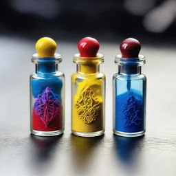 Three small ornate vials filled halfway with powder in a fantasy DnD style, not filled to the top