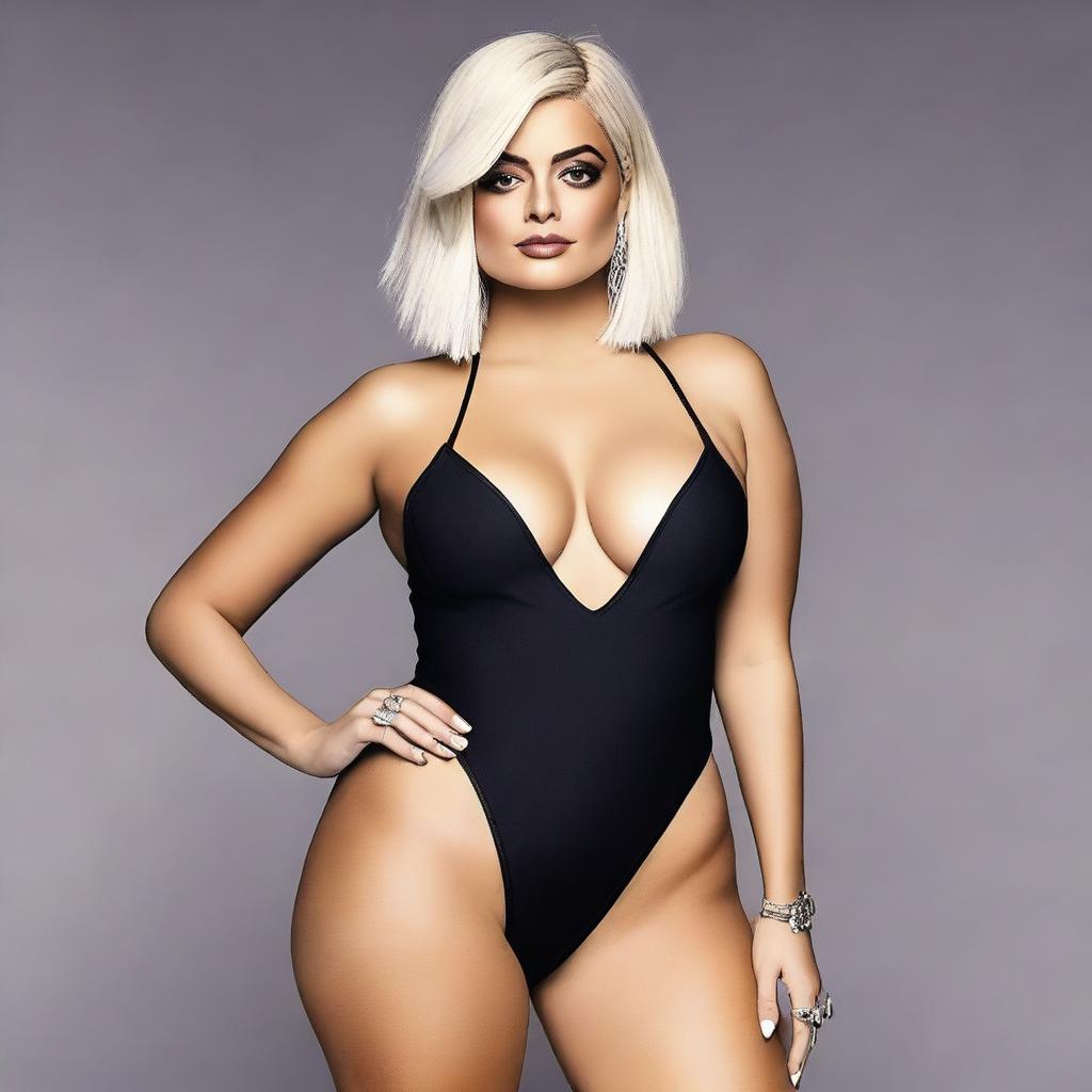 Create an image of Bebe Rexha with a fuller figure, emphasizing body positivity and confidence