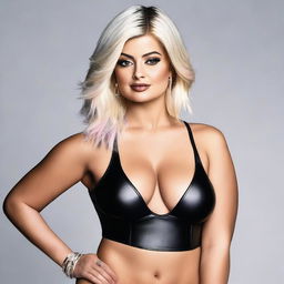 Create an image of Bebe Rexha with a fuller figure, emphasizing body positivity and confidence