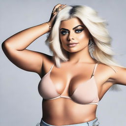 Create an image of Bebe Rexha with a fuller figure, emphasizing body positivity and confidence