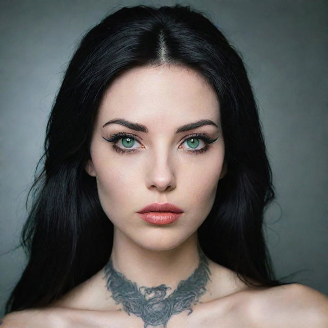 A pale woman with petite green eyes, long black hair, a dragon tattoo on her neck, large lips, and moderately long eyelashes.