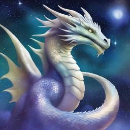 An enormous serpentine dragon with shimmering white pearlescent scales that reflect a heavenly cosmos