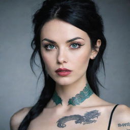 A pale woman with petite green eyes, long black hair, a dragon tattoo on her neck, large lips, and moderately long eyelashes.