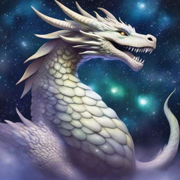 An enormous serpentine dragon with shimmering white pearlescent scales that reflect a heavenly cosmos