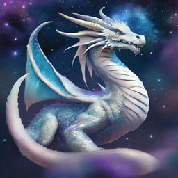 An enormous serpentine dragon with shimmering white pearlescent scales that reflect a heavenly cosmos