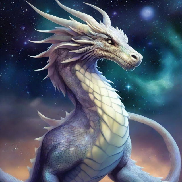 An enormous serpentine dragon with shimmering white pearlescent scales that reflect a heavenly cosmos