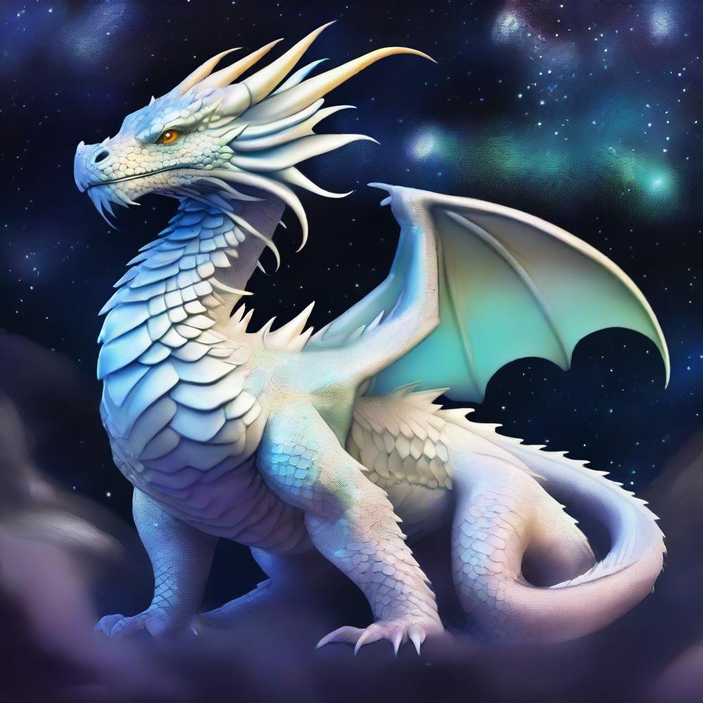 An enormous serpentine dragon with shimmering white pearlescent scales that reflect a heavenly cosmos