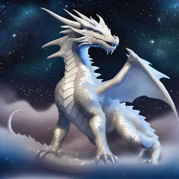 An enormous serpentine dragon with shimmering white pearlescent scales that reflect a heavenly cosmos