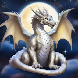 An enormous serpentine dragon with shimmering white pearlescent scales that reflect a heavenly cosmos