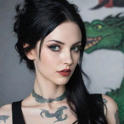 A pale woman with petite green eyes, long black hair, a dragon tattoo on her neck, large lips, and moderately long eyelashes.