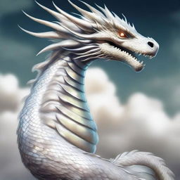 An illustration of an enormous serpentine dragon with shimmering white pearlescent scales