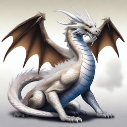 An illustration of an enormous serpentine dragon with shimmering white pearlescent scales