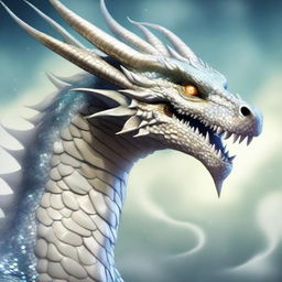 An illustration of an enormous serpentine dragon with shimmering white pearlescent scales