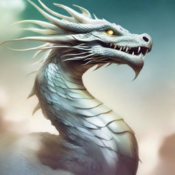 An illustration of an enormous serpentine dragon with shimmering white pearlescent scales