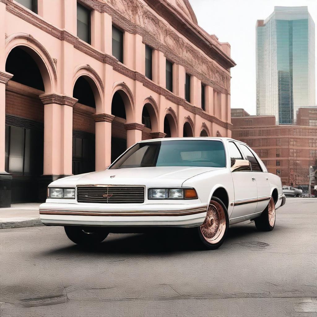 A white 1992 Chevrolet Caprice Classic fitted with 24-inch rose gold Rucci rims