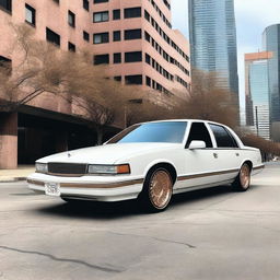 A white 1992 Chevrolet Caprice Classic fitted with 24-inch rose gold Rucci rims