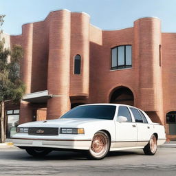 A white 1992 Chevrolet Caprice Classic fitted with 24-inch rose gold Rucci rims