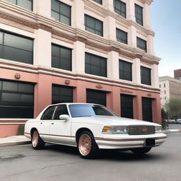 A white 1992 Chevrolet Caprice Classic fitted with 24-inch rose gold Rucci rims