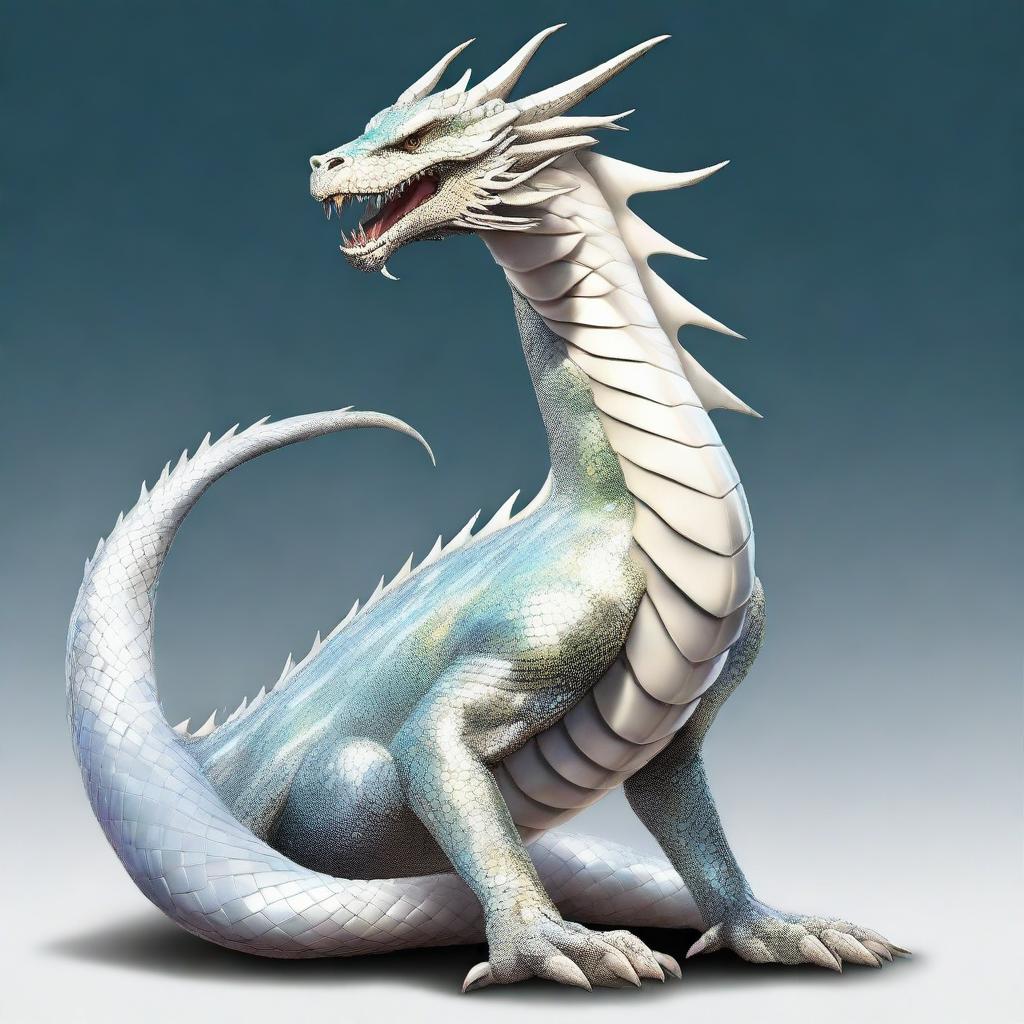 An illustration of an enormous serpentine dragon with shimmering white pearlescent scales