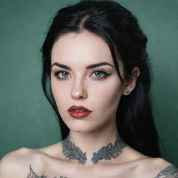 A pale woman with petite green eyes, long black hair, a dragon tattoo on her neck, large lips, and moderately long eyelashes.