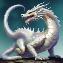 An illustration of an enormous serpentine dragon with shimmering white pearlescent scales