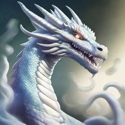 An illustration of an enormous serpentine dragon with shimmering white pearlescent scales