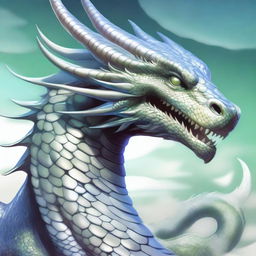 An illustration of an enormous serpentine dragon with shimmering white pearlescent scales