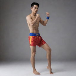 Render an image comparing a traditional Thai martial arts stance with a contemporary Muay Thai stance, distinctively emphasizing the traditional clothing vs modern sportswear, and different body positions.