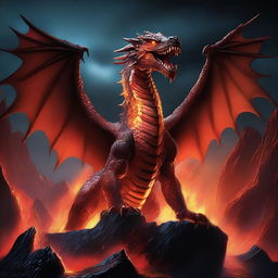 An illustration of a titanic dragon with scales of obsidian and eyes like molten lava