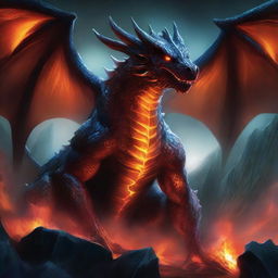 An illustration of a titanic dragon with scales of obsidian and eyes like molten lava