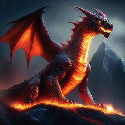 An illustration of a titanic dragon with scales of obsidian and eyes like molten lava