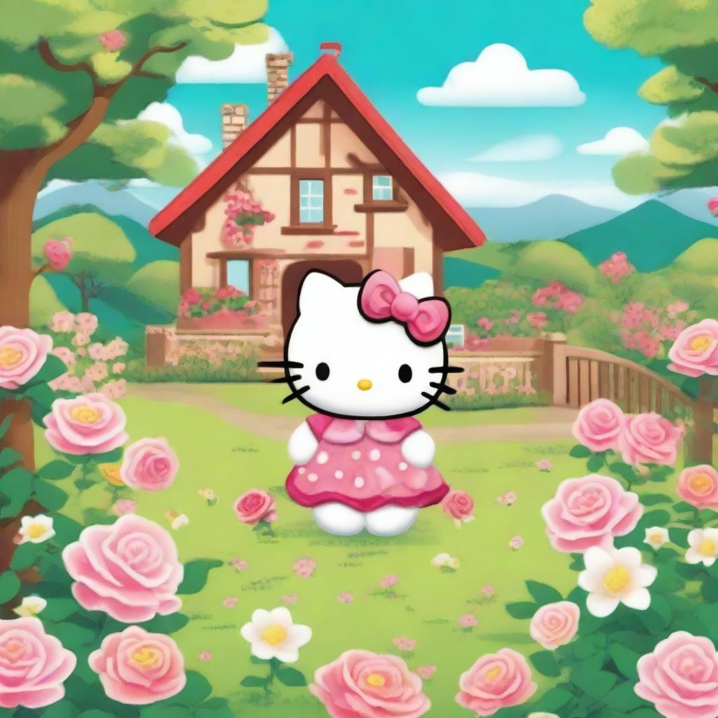 An illustration of Hello Kitty living in the countryside surrounded by a beautiful garden full of roses