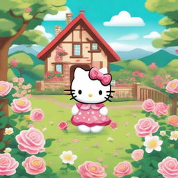 An illustration of Hello Kitty living in the countryside surrounded by a beautiful garden full of roses