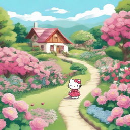 An illustration of Hello Kitty living in the countryside surrounded by a beautiful garden full of roses