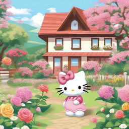 An illustration of Hello Kitty living in the countryside surrounded by a beautiful garden full of roses