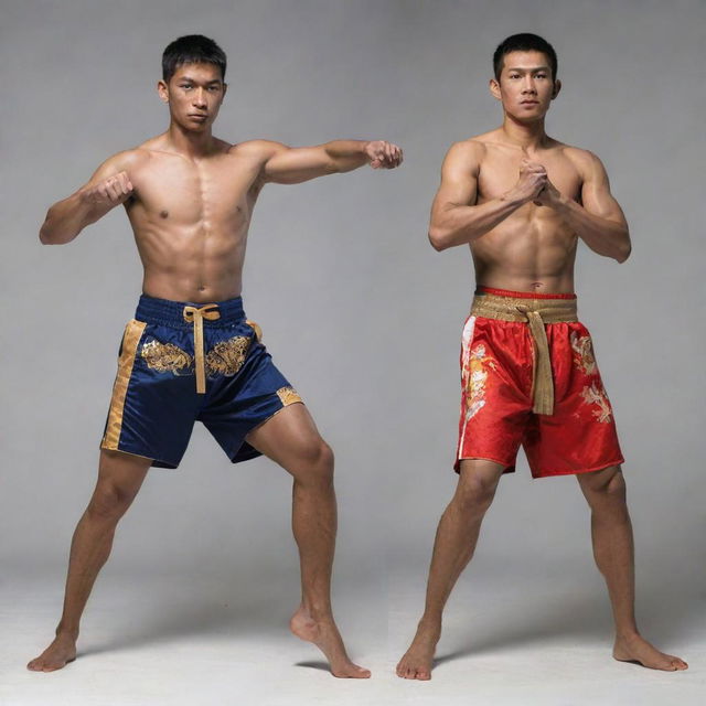 Render an image comparing a traditional Thai martial arts stance with a contemporary Muay Thai stance, distinctively emphasizing the traditional clothing vs modern sportswear, and different body positions.