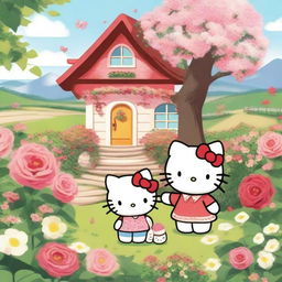 An illustration of Hello Kitty living in the countryside surrounded by a beautiful garden full of roses