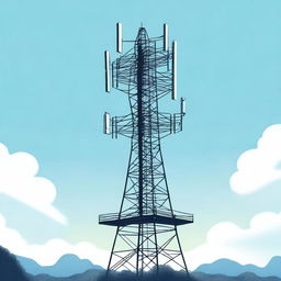 A detailed illustration of a cell tower standing tall against a clear blue sky