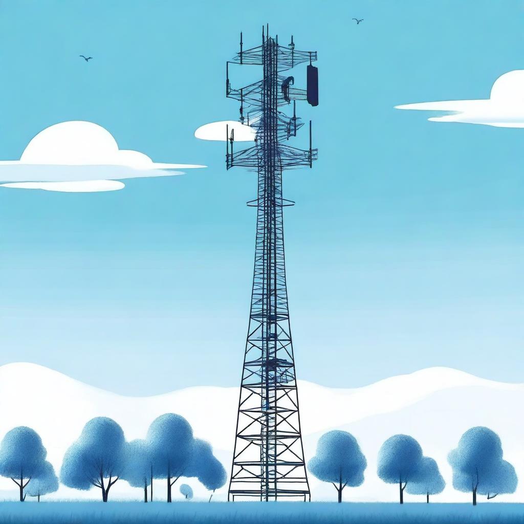 A detailed illustration of a cell tower standing tall against a clear blue sky