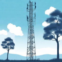 A detailed illustration of a cell tower standing tall against a clear blue sky