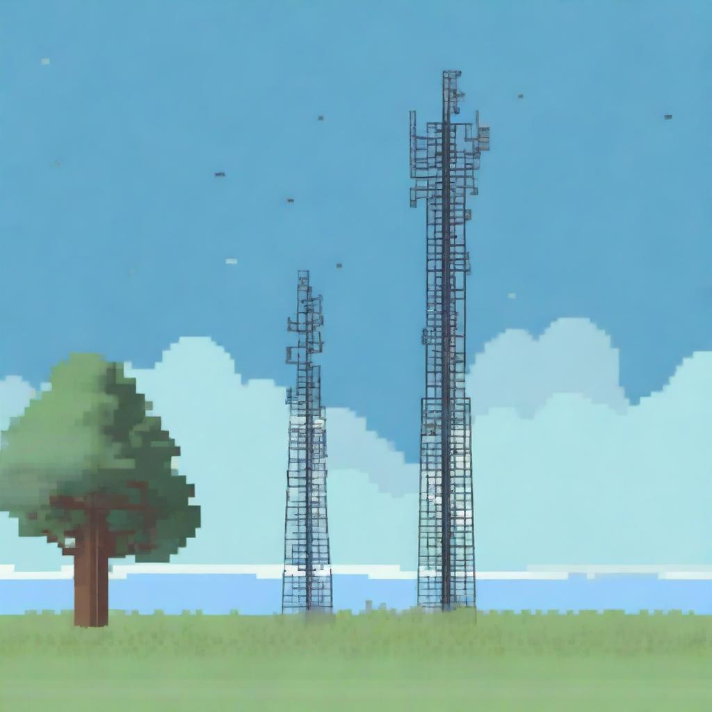 A side view of a cell tower depicted in pixel art style