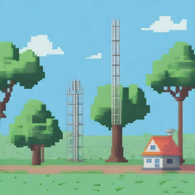 A side view of a cell tower depicted in pixel art style